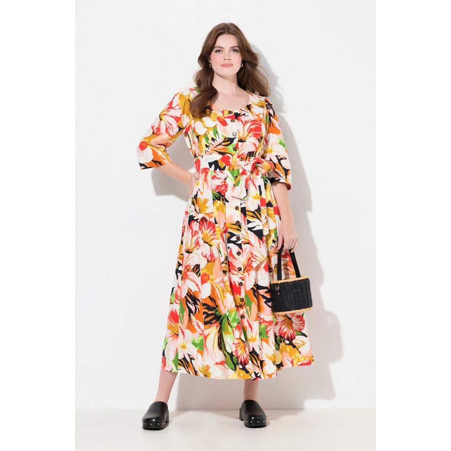 Ulla Popken Robe Maxi Lin Mélangé Coupe Évasée Col Rond Manches 3/4  