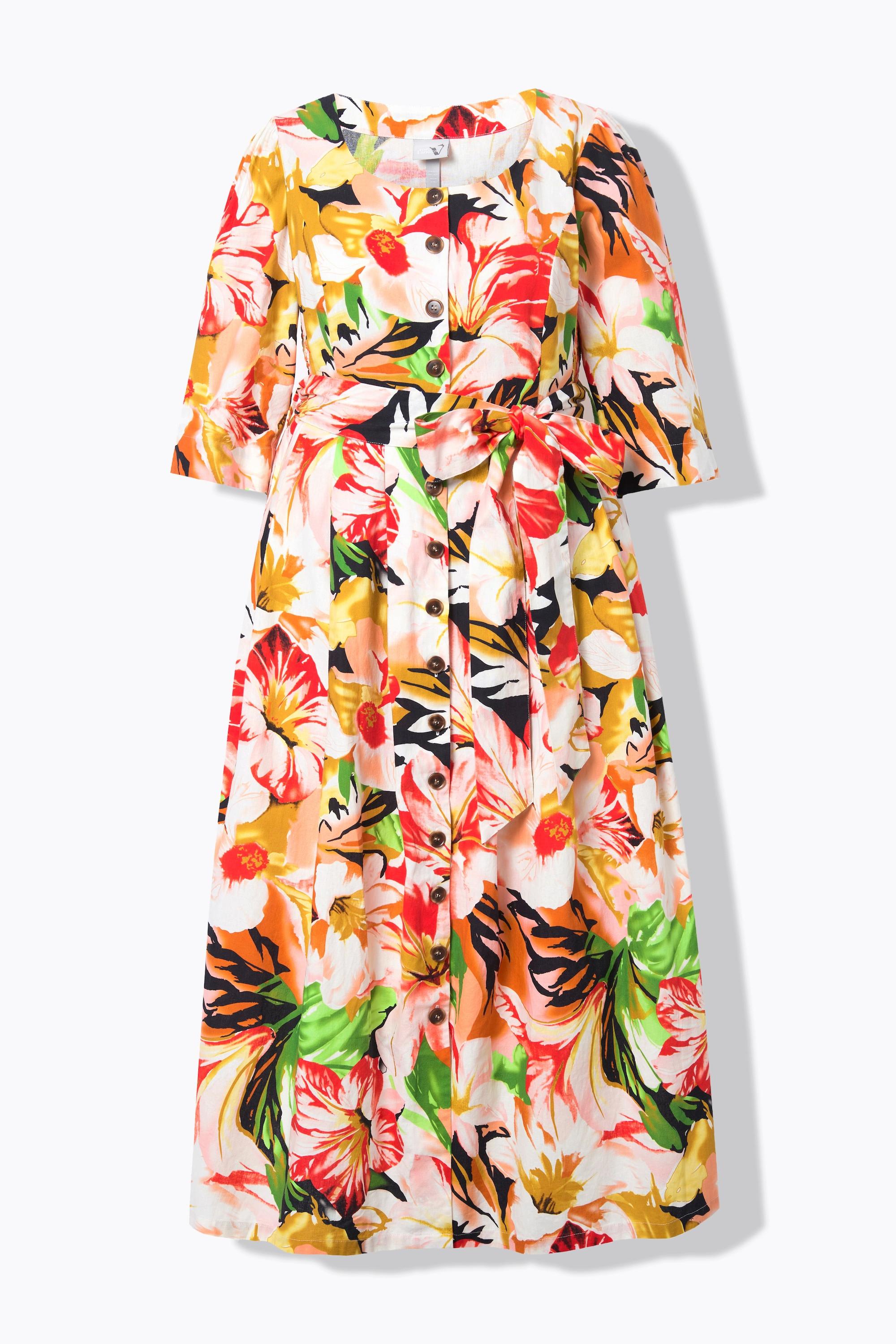 Ulla Popken Maxi Abito Misto Lino Linea A Scollo Rotondo Maniche 3/4  