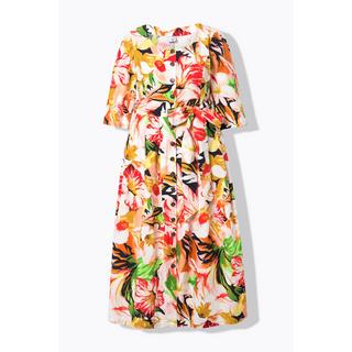 Ulla Popken Maxi Abito Misto Lino Linea A Scollo Rotondo Maniche 3/4  