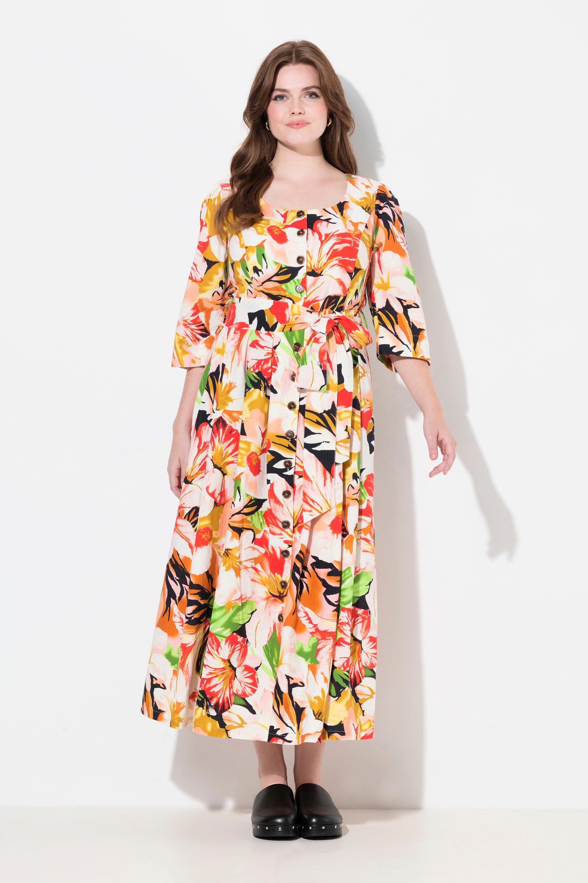 Ulla Popken Maxi Abito Misto Lino Linea A Scollo Rotondo Maniche 3/4  