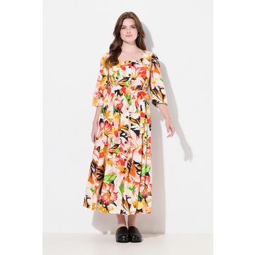 Maxi abito in misto lino dal taglio svasato con scollo rotondo e maniche a 3/4