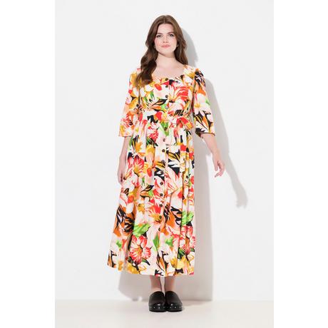 Ulla Popken Maxi Abito Misto Lino Linea A Scollo Rotondo Maniche 3/4  