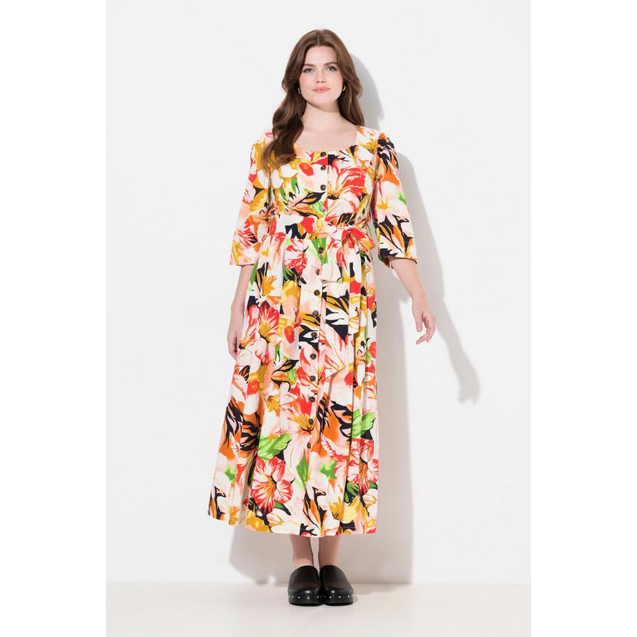 Ulla Popken Robe Maxi Lin Mélangé Coupe Évasée Col Rond Manches 3/4  