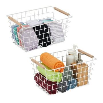 Paniers en fil de fer avec poignées en bois, lot de 2