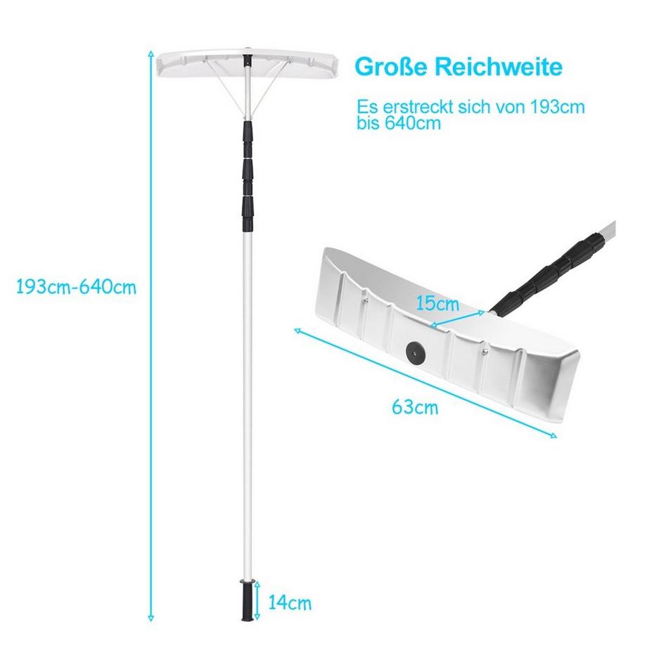 B2X  201-630 cm Schneeschaufel aus Aluminium mit Gummielippe Schneeräumer für Dach 