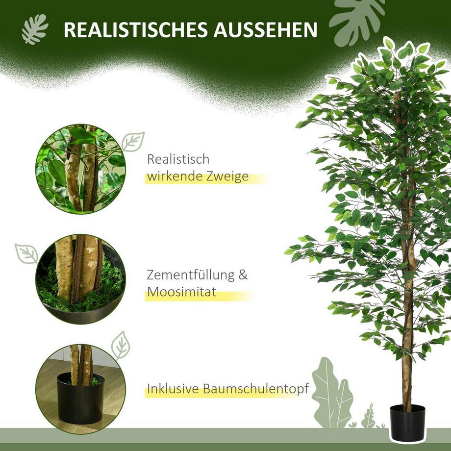 Northio Pianta Artificiale, Pianta Artificiale da 180 cm con fioriera, Muschio Artificiale, Albero Artificiale di Ficus Artificiale, Pianta d'appartamento per Soggiorno, Verde  