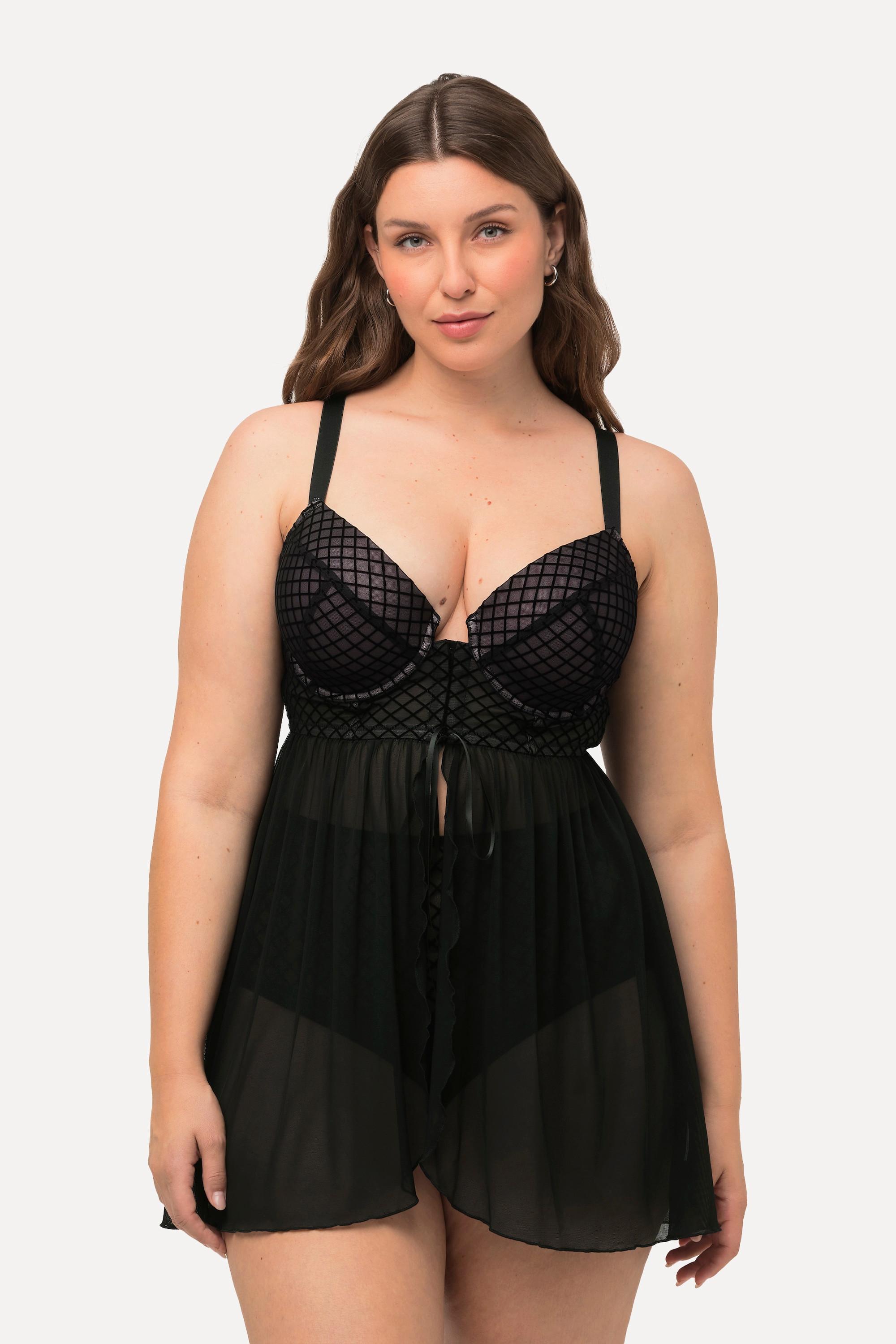 Ulla Popken  Babydoll, carreaux en velours, soutien-gorge à armatures, bonnet C - D 