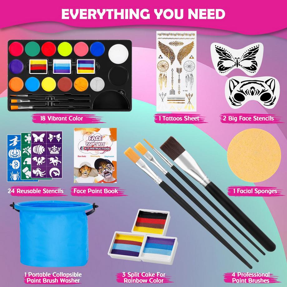 Activity-board  Kinderschmink-Set, 18 Farben, 4 professionelle Pinsel, schnell trocknend, ungiftig, leicht abwaschbar, Schablonen, Reinigungsschwamm 