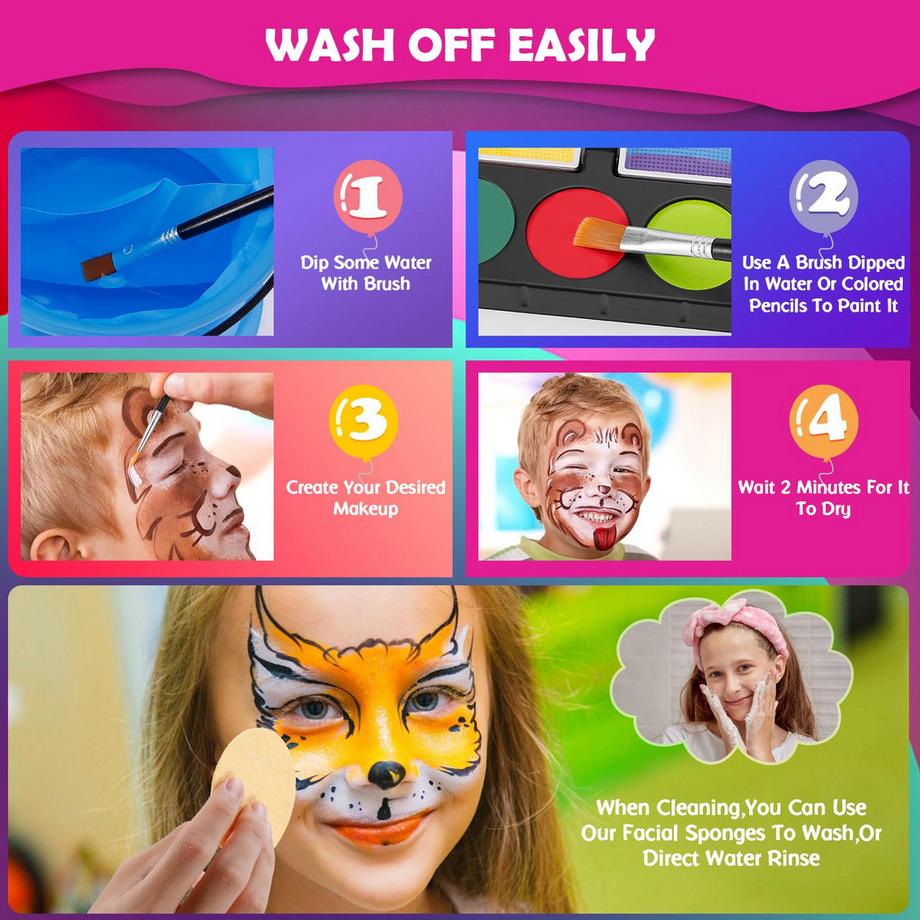 Activity-board  Kinderschmink-Set, 18 Farben, 4 professionelle Pinsel, schnell trocknend, ungiftig, leicht abwaschbar, Schablonen, Reinigungsschwamm 