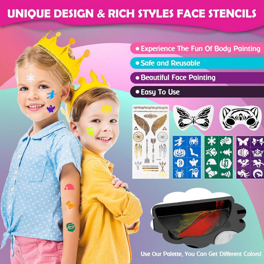 Activity-board  Kinderschmink-Set, 18 Farben, 4 professionelle Pinsel, schnell trocknend, ungiftig, leicht abwaschbar, Schablonen, Reinigungsschwamm 