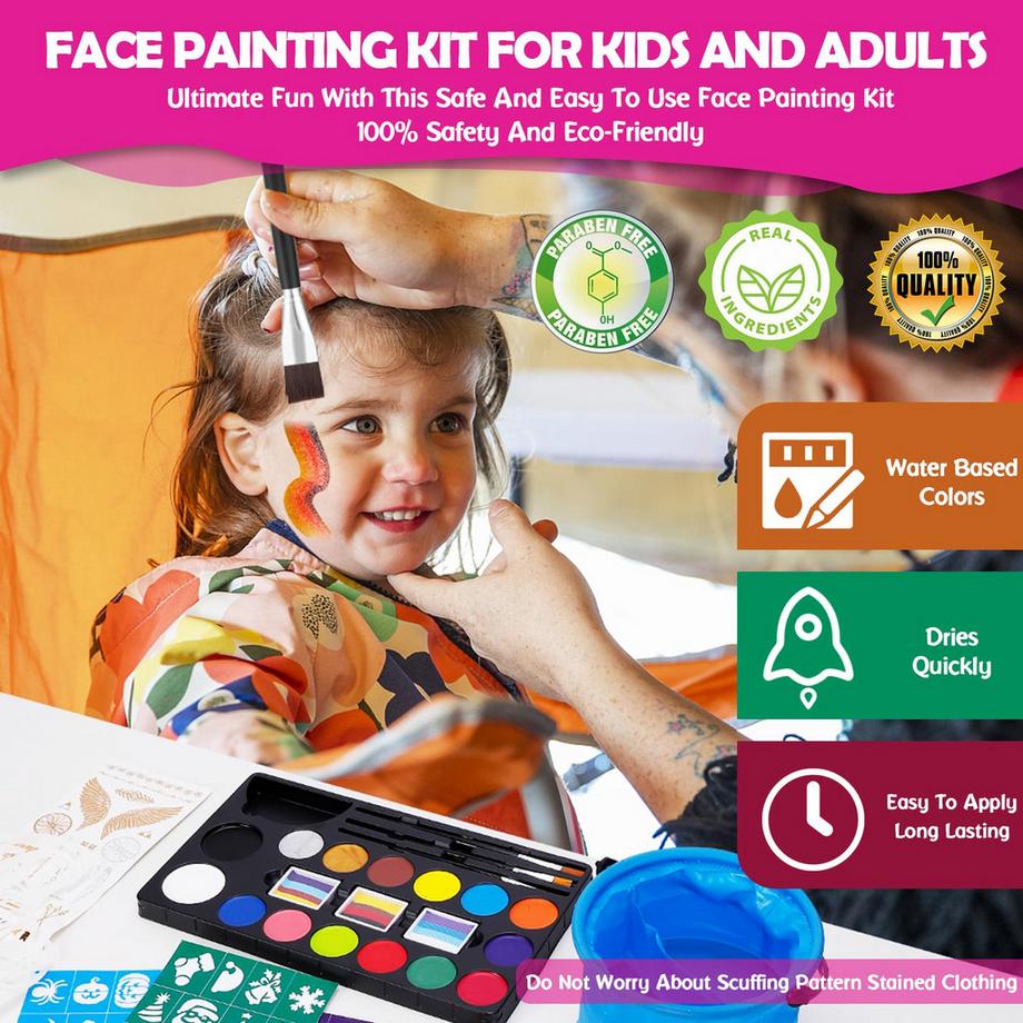 Activity-board  Kinderschmink-Set, 18 Farben, 4 professionelle Pinsel, schnell trocknend, ungiftig, leicht abwaschbar, Schablonen, Reinigungsschwamm 