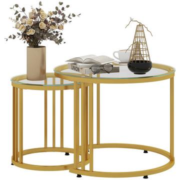 Couchtisch 2er-Set, Stapelbar Beistelltisch mit Stahlgestell, Kaffeetisch, Wohnzimmertisch für Büro, Schlafzimmer, Gold