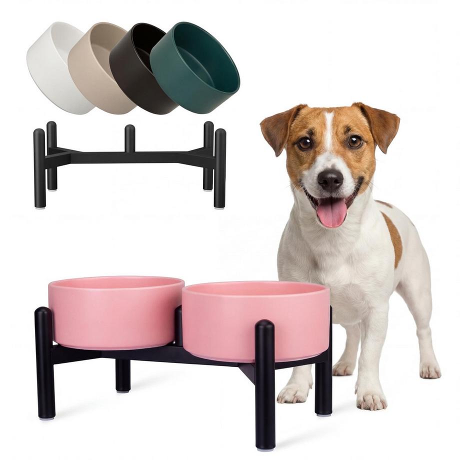Ensemble de Bols de Nourriture pour Chien - Double Bol de Nourriture en Céramique avec Support en Acier Inoxydable pour la Nourriture et l'eau
