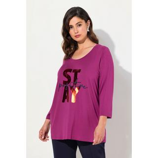 Ulla Popken  Maglia con ricamo, scritta, scollo a girocollo e maniche a 3/4 