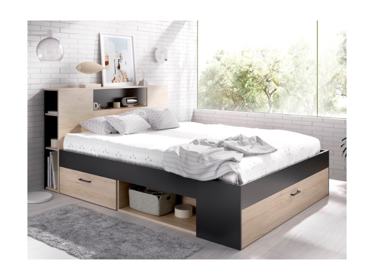 Vente-unique Letto con testata con vani portaoggetti e cassetti 140 x 190 cm: Naturale e Antracite + Rete LEANDRE  