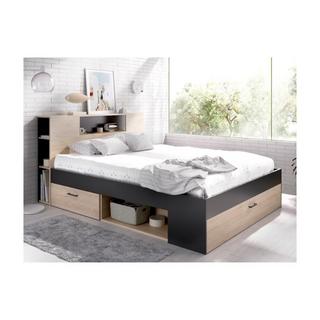 Vente-unique Letto con testata con vani portaoggetti e cassetti 140 x 190 cm: Naturale e Antracite + Rete LEANDRE  