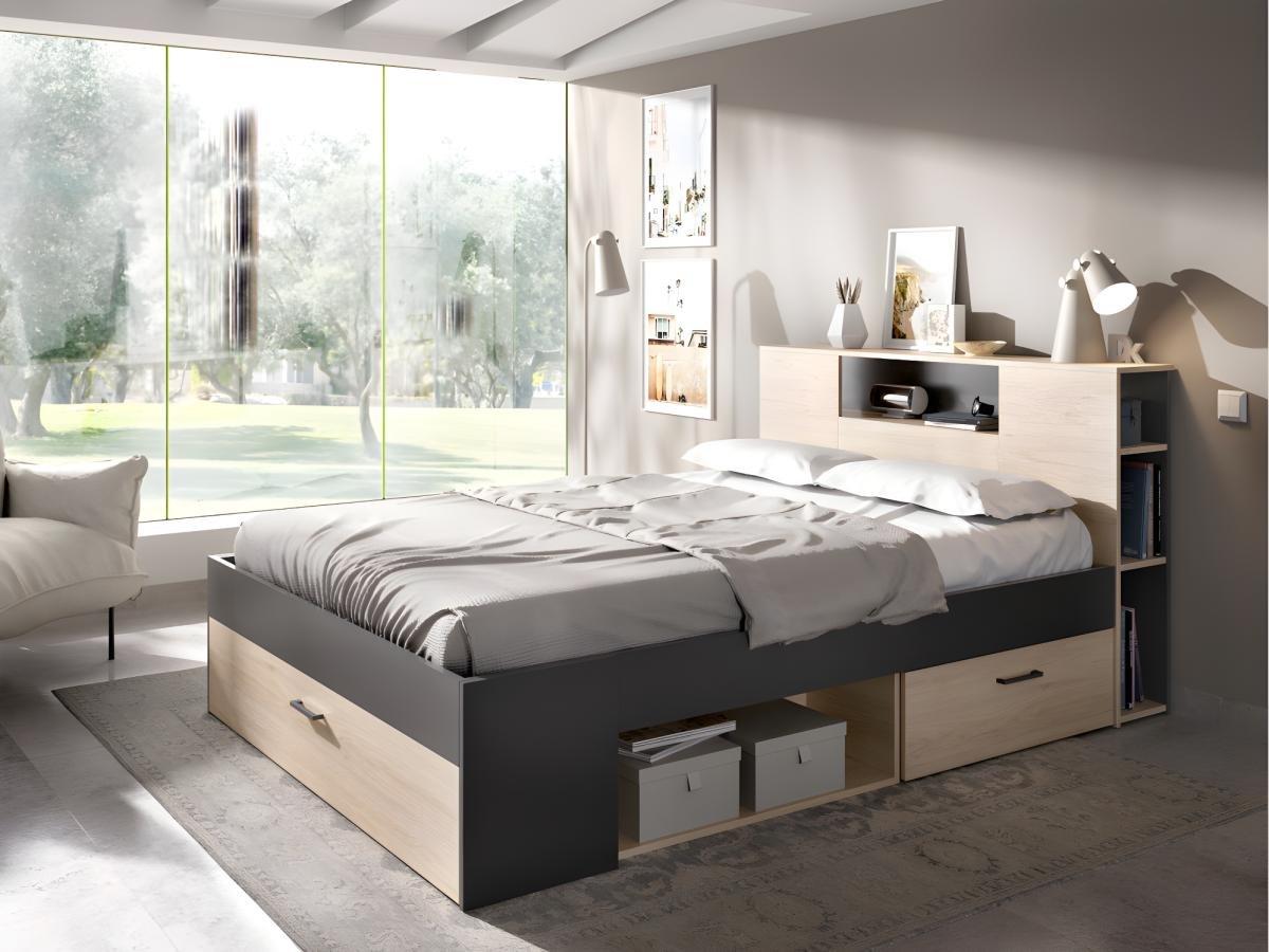 Vente-unique Lit avec tête de lit rangements et tiroirs - 140 x 190 cm - Coloris : Naturel et anthracite + Sommier - LEANDRE  