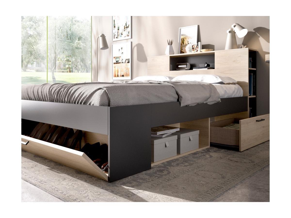 Vente-unique Lit avec tête de lit rangements et tiroirs - 140 x 190 cm - Coloris : Naturel et anthracite + Sommier - LEANDRE  