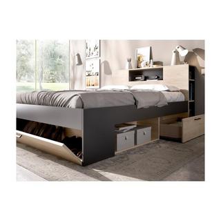 Vente-unique Lit avec tête de lit rangements et tiroirs - 140 x 190 cm - Coloris : Naturel et anthracite + Sommier - LEANDRE  