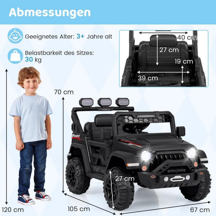 Northix  Kinder Elektroauto mit 2,4G Fernbedienung & USB & Licht & Musik 12V Kinderauto Jeep Auto Schwarz 