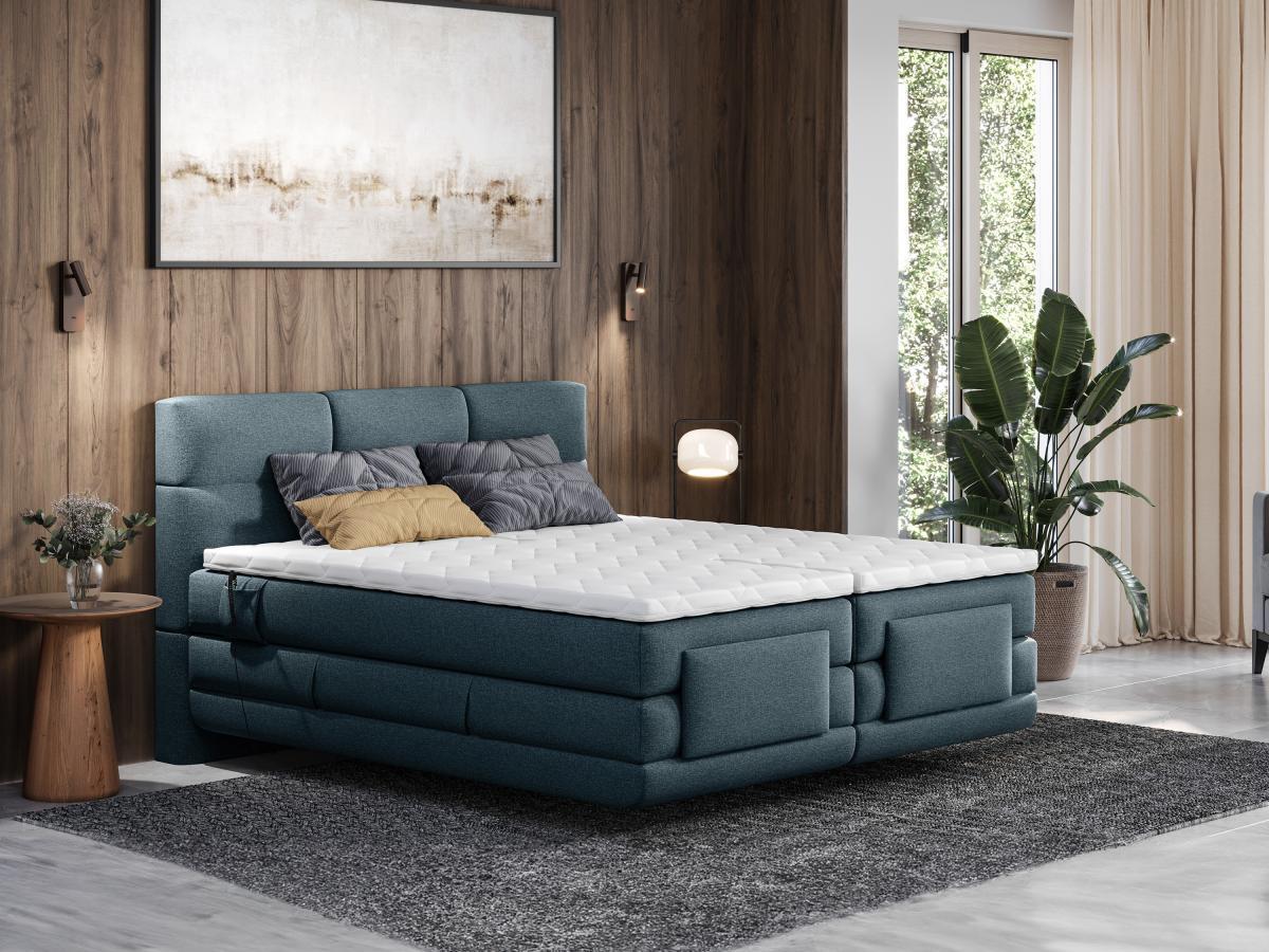 Vente-unique Ensemble complet boxspring tête de lit capitonnée + sommiers relaxation électrique + matelas + surmatelas - 2 x 90 x 200 cm - Tissu - Bleu - LODI de PALACIO  