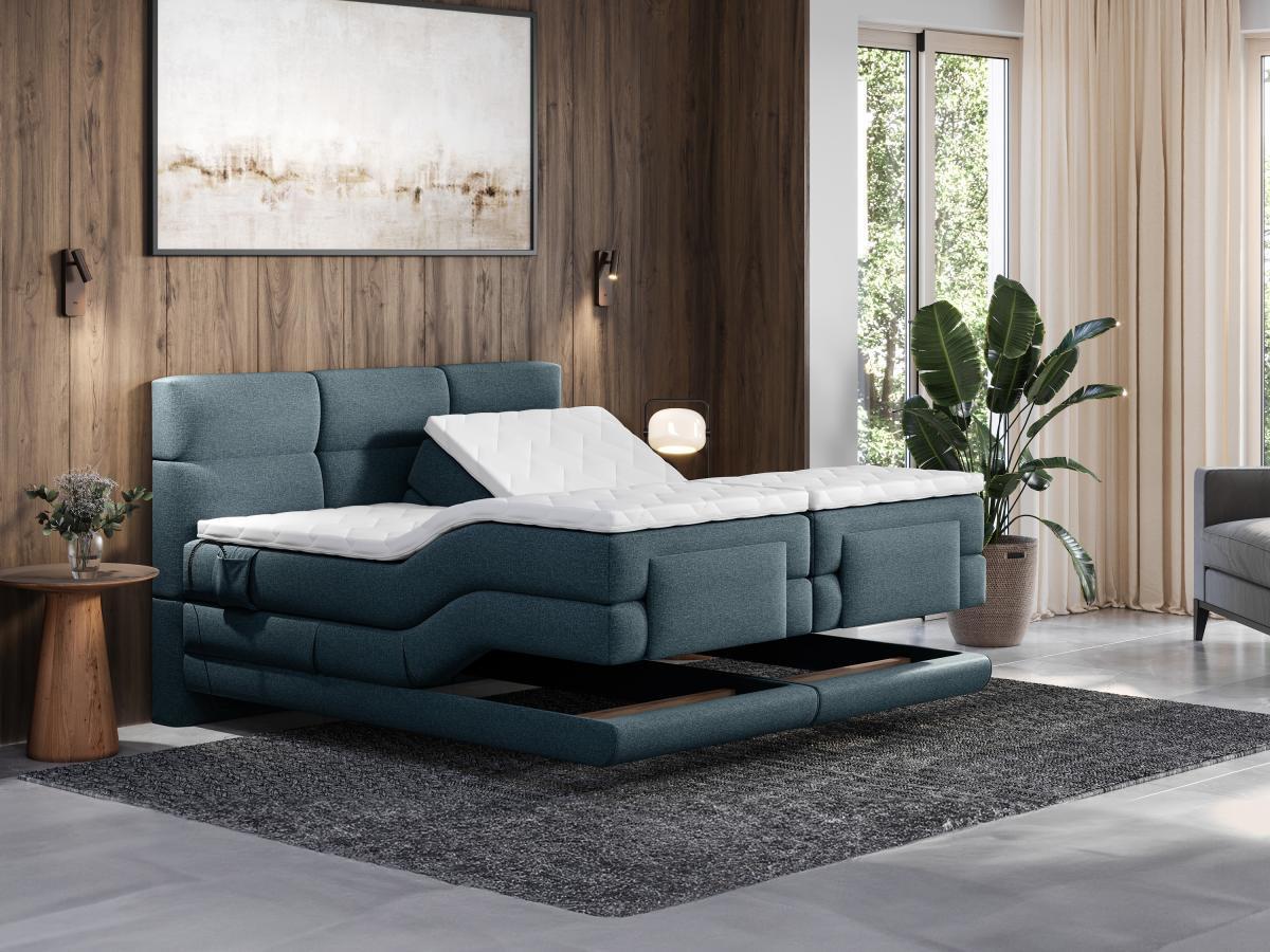 Vente-unique Ensemble complet boxspring tête de lit capitonnée + sommiers relaxation électrique + matelas + surmatelas - 2 x 90 x 200 cm - Tissu - Bleu - LODI de PALACIO  