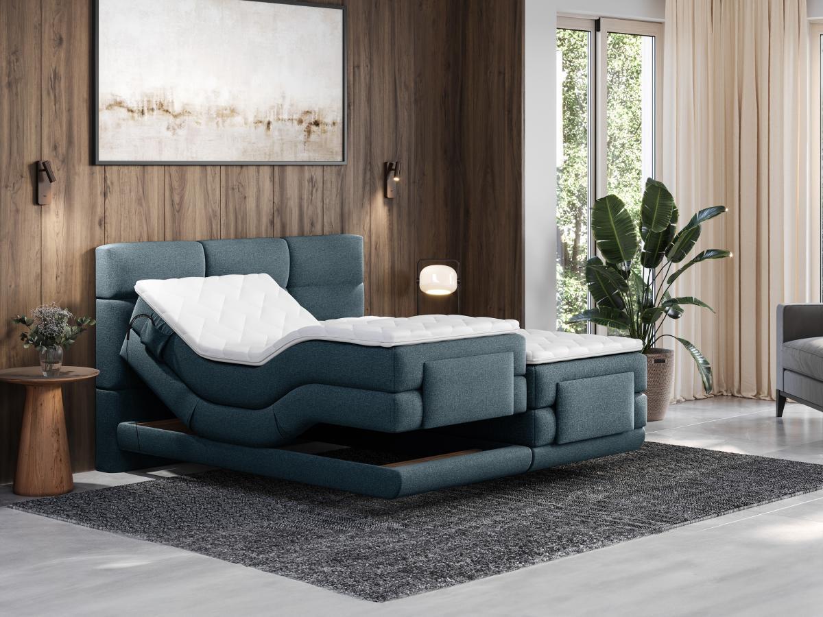 Vente-unique Boxspringbett mit gestepptem Kopfteil + elektrischem Untergestell mit Relaxfunktion + Matratze + Topper - 2 x 90 x 200 cm - Stoff - Blau - LODI von PALACIO  