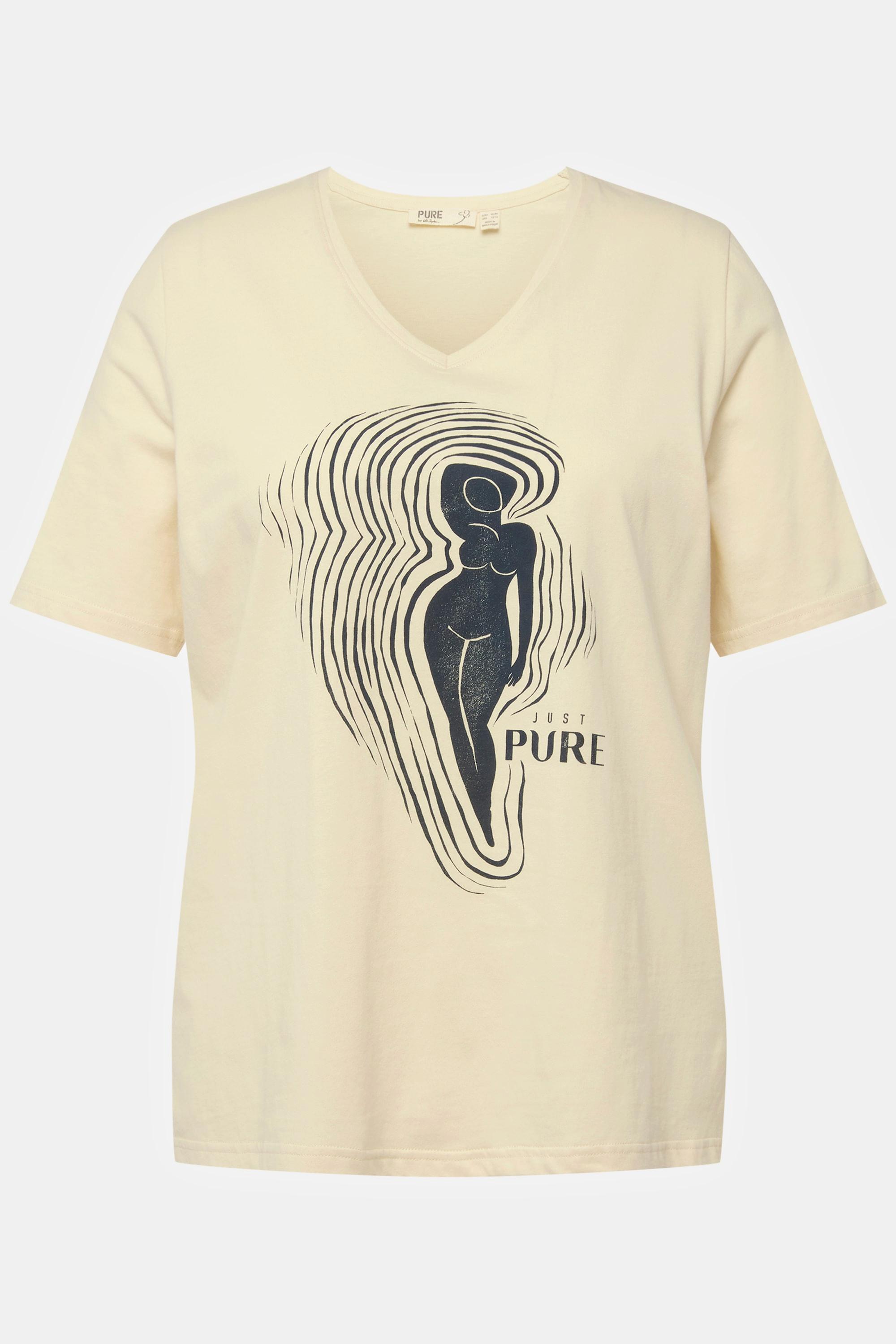 Ulla Popken  T-shirt di cotone biologico con PURE Woman, scollatura a V e mezze maniche 