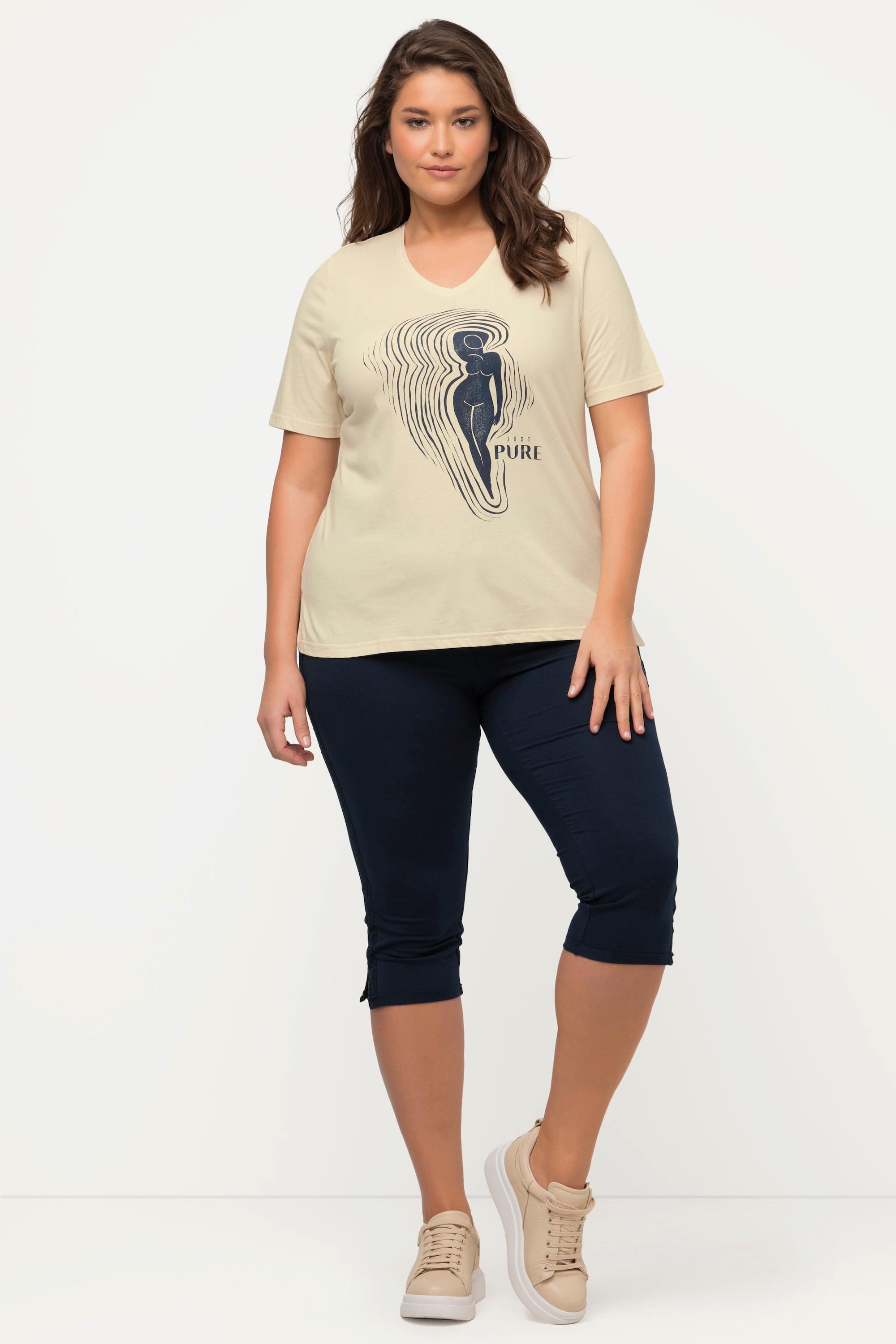 Ulla Popken  T-shirt di cotone biologico con PURE Woman, scollatura a V e mezze maniche 