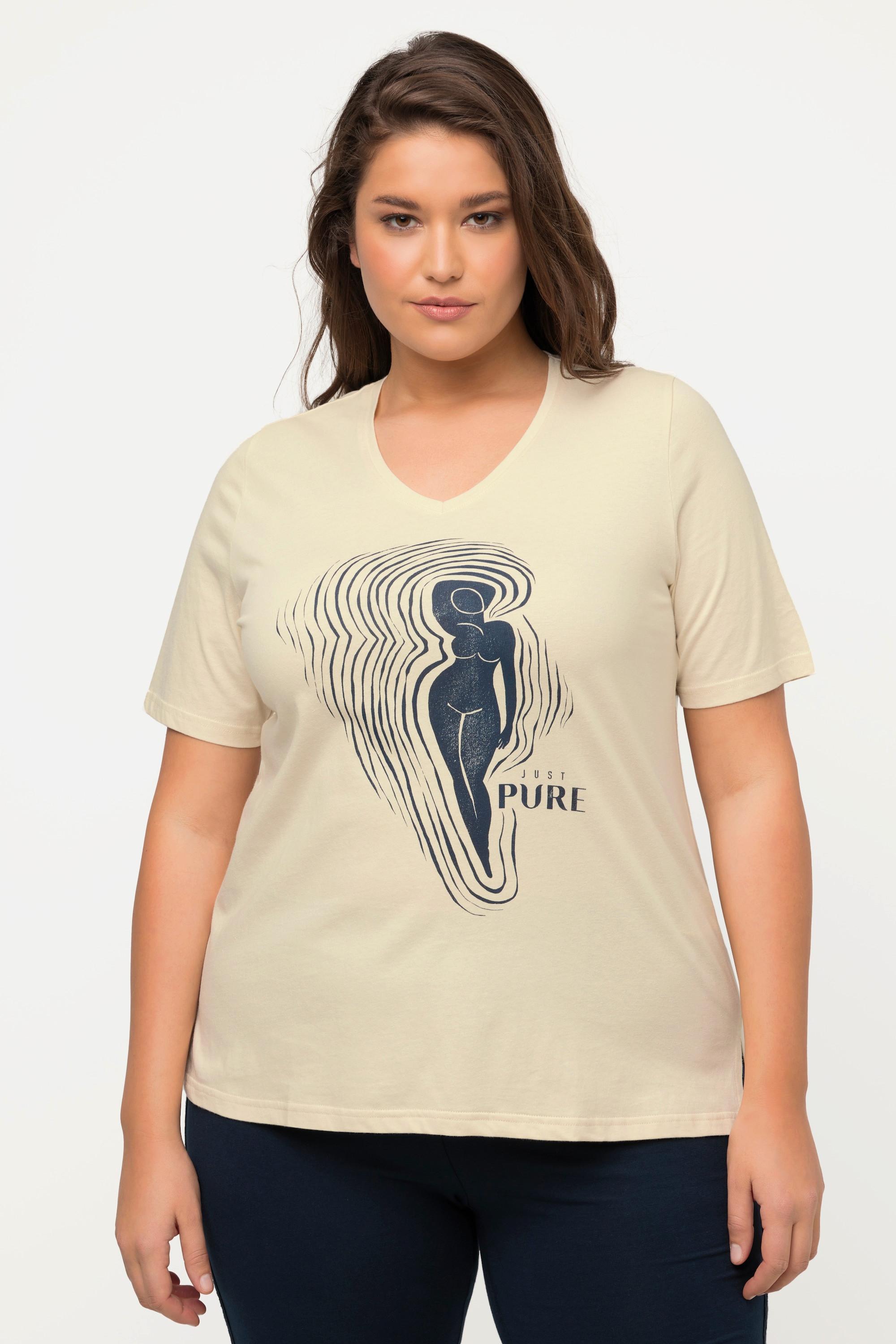 Ulla Popken  T-shirt di cotone biologico con PURE Woman, scollatura a V e mezze maniche 