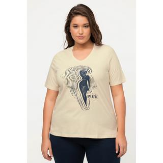 Ulla Popken  T-shirt di cotone biologico con PURE Woman, scollatura a V e mezze maniche 