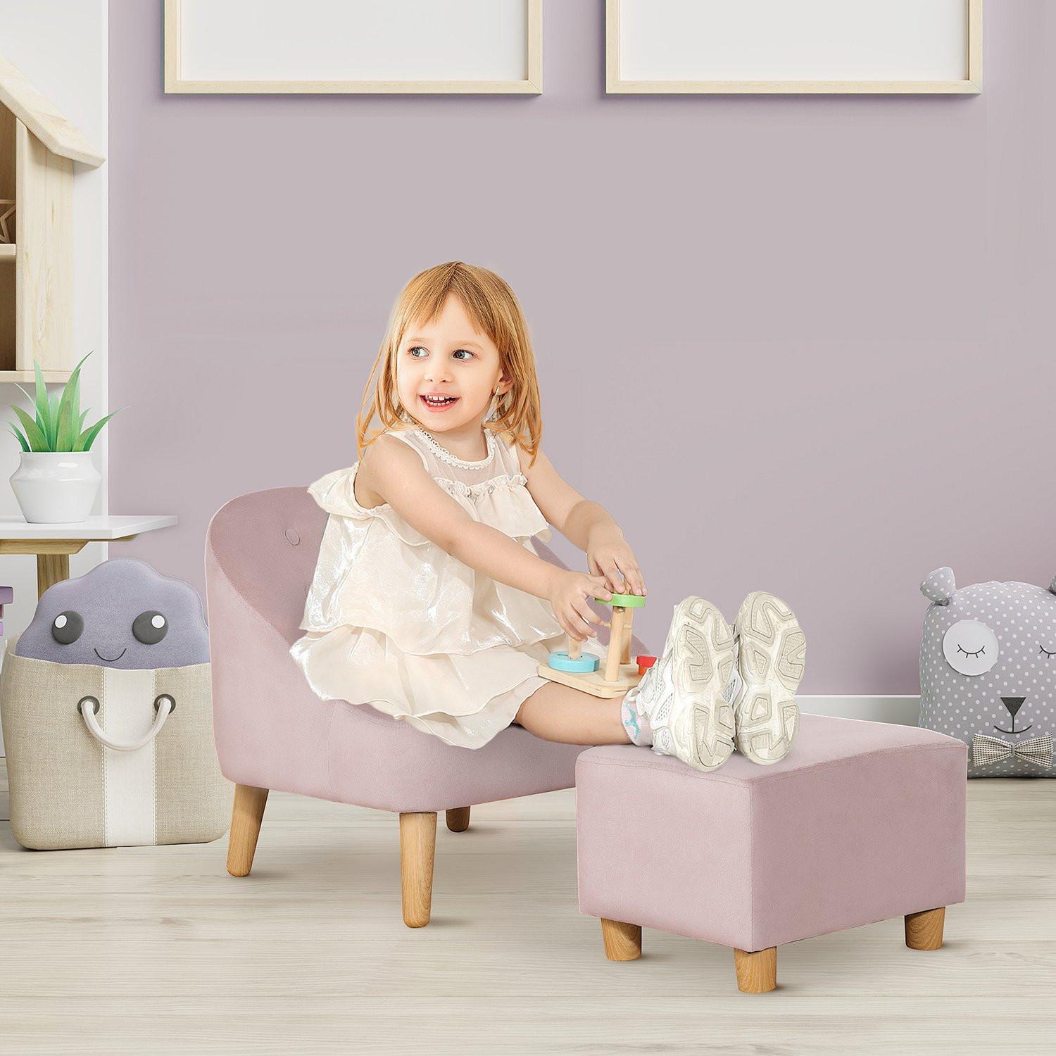 Northio Kindersessel Mit Fußhocker Gemütliches Sofa Für Kinder Ab 3 Jahren, Samtoptik, Eukalyptusholz, Rosa, 51X51X50Cm  