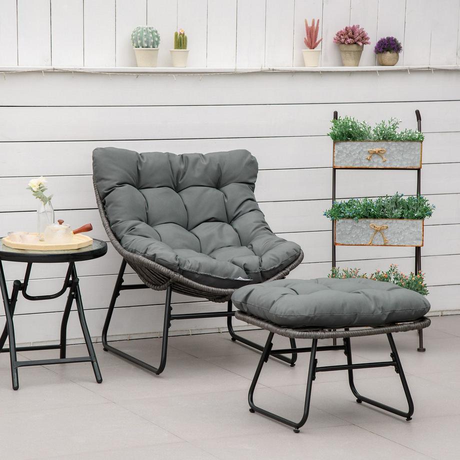 Northio Rattan Relaxsessel mit Fußhocker Gartensessel Outdoor Rattanstuhl mit Kissen, Stahl & Polyester, Grau 69x76x70 cm für Garten & Terrasse |  