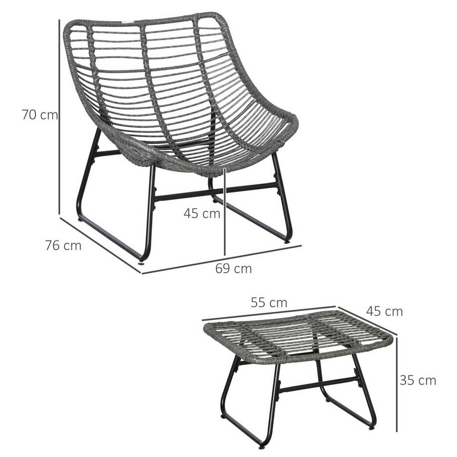Northio Rattan Relaxsessel mit Fußhocker Gartensessel Outdoor Rattanstuhl mit Kissen, Stahl & Polyester, Grau 69x76x70 cm für Garten & Terrasse |  