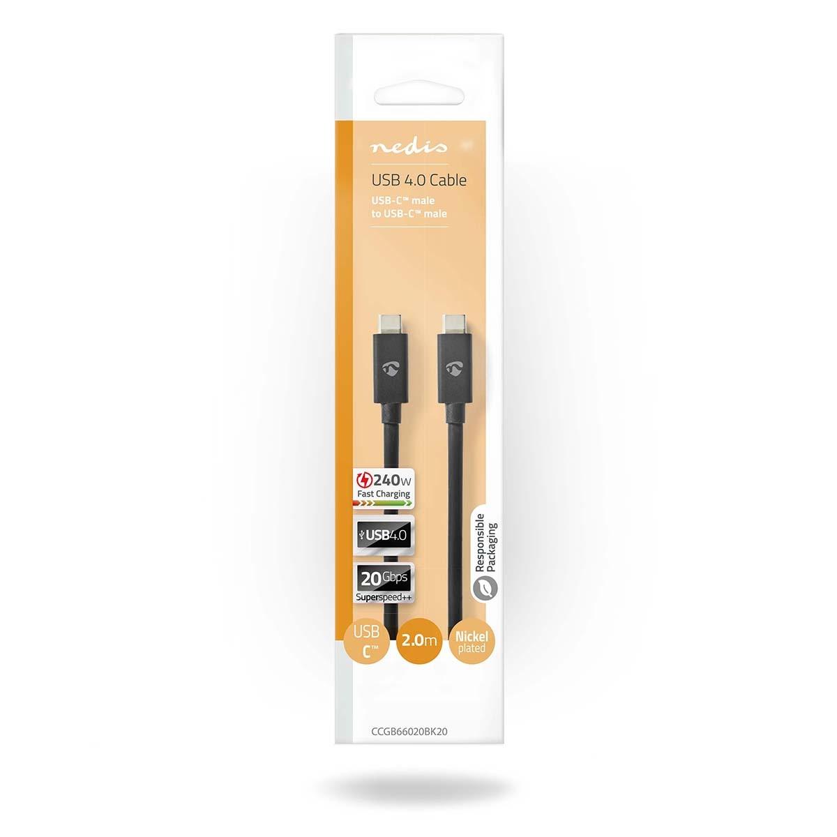 Nedis  Câble USB | USB 4.0 Gen 2x2 | USB-C™ mâle | USB-C™ mâle | 240 W | 8K@60Hz | 20 Gbps | Nickelé | 2,00 m | Rond | PVC | Noir | Emballé 