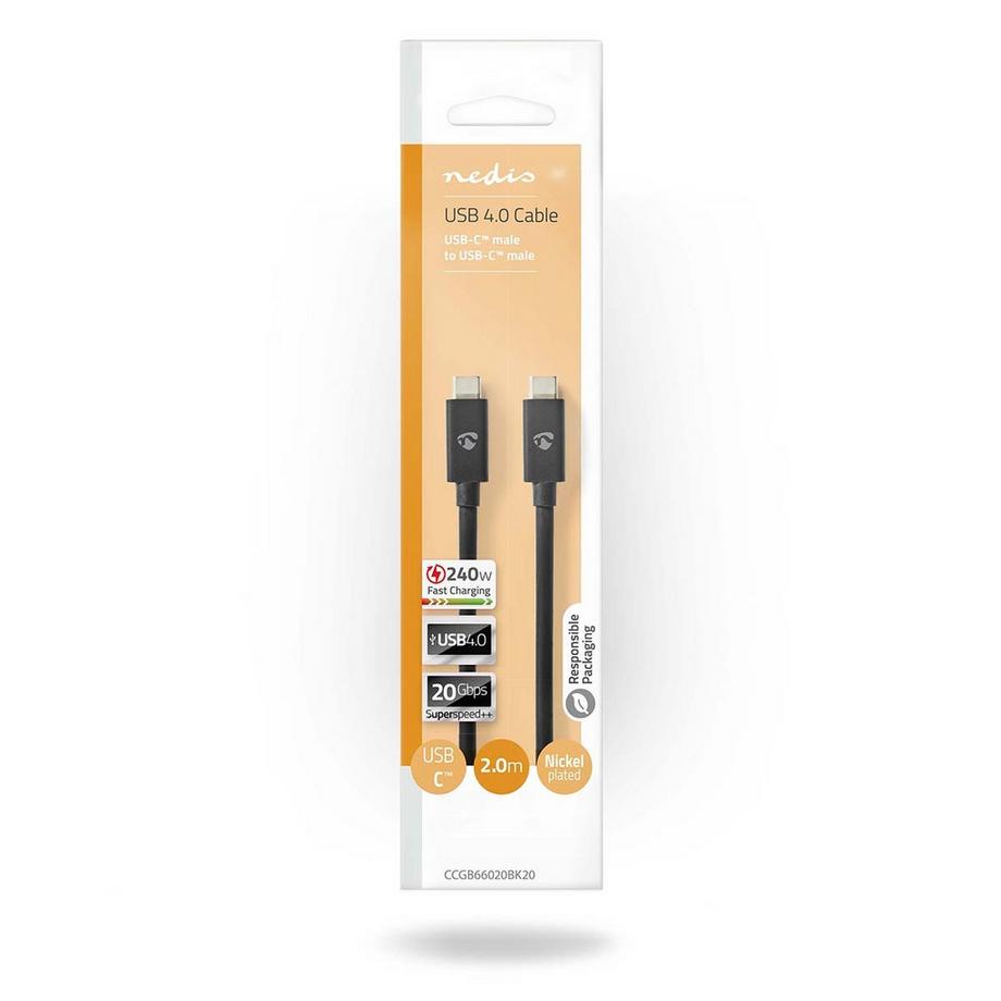 Nedis  Câble USB | USB 4.0 Gen 2x2 | USB-C™ mâle | USB-C™ mâle | 240 W | 8K@60Hz | 20 Gbps | Nickelé | 2,00 m | Rond | PVC | Noir | Emballé 
