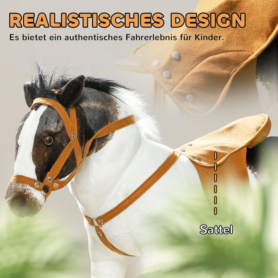 Northio  Reitpferd mit Soundfunktion, 48 cm Höhe Spielpferd zum Reiten mit Sattel und Zaumzeug, Stehpferd für Kinder 3-8 Jahre, Metall, Braun+Cremeweiß 
