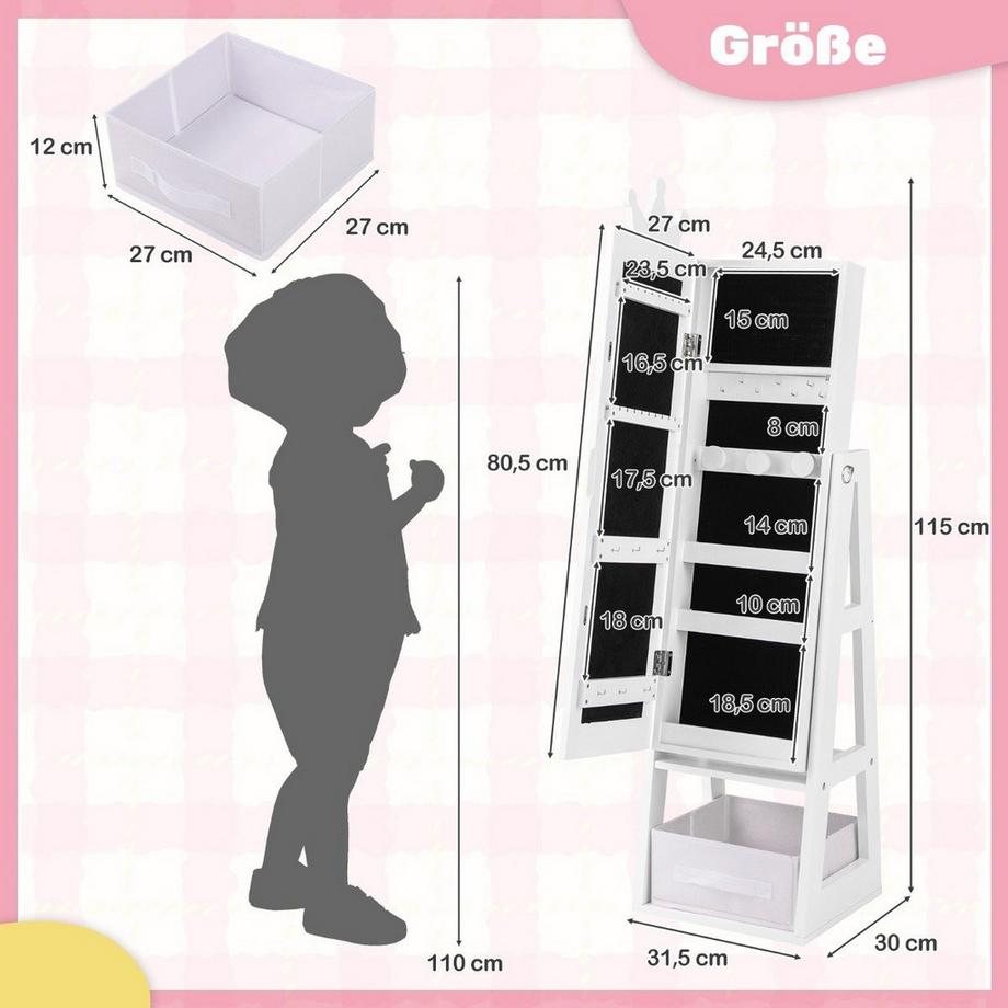 Northix Kinder Schmuckschrank 3 in 1 Spiegelschrank neigbar mit Ganzkörperspiegel Weiß  