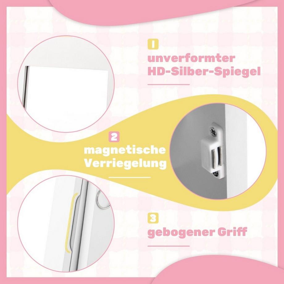 Northix Kinder Schmuckschrank 3 in 1 Spiegelschrank neigbar mit Ganzkörperspiegel Weiß  