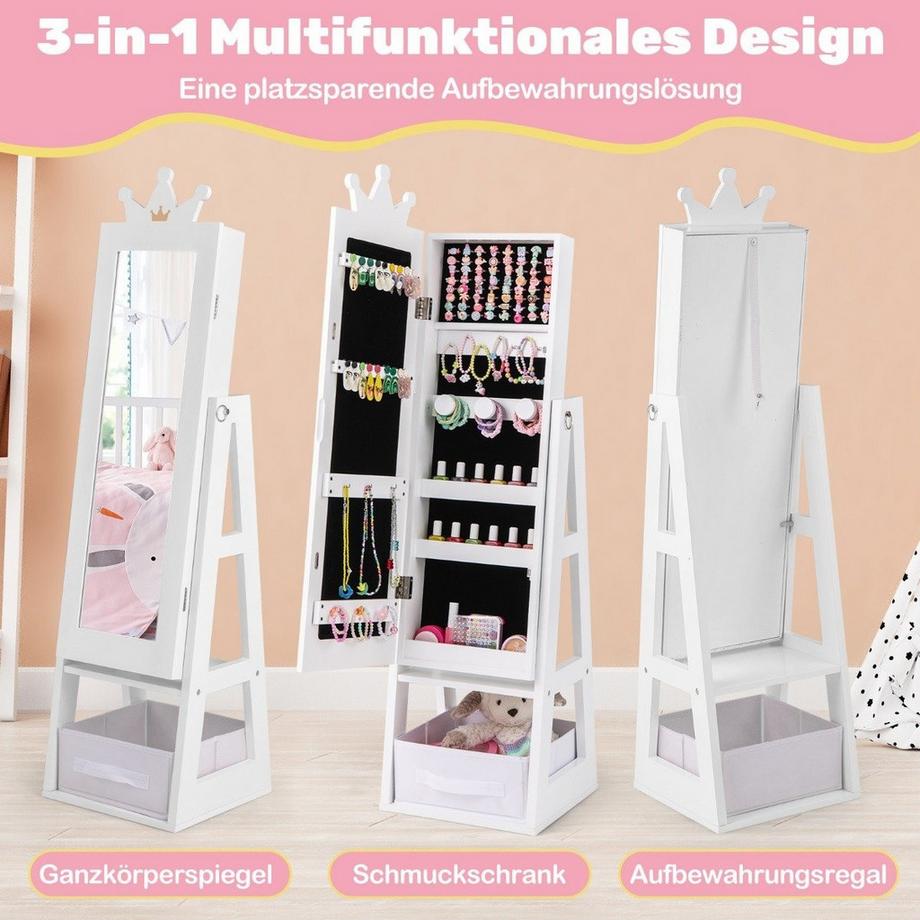 Northix Kinder Schmuckschrank 3 in 1 Spiegelschrank neigbar mit Ganzkörperspiegel Weiß  