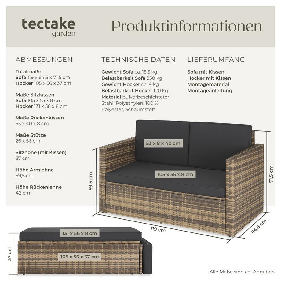 Tectake Rattan Lounge Korfu 2-Sitzer widerstandsfähig  