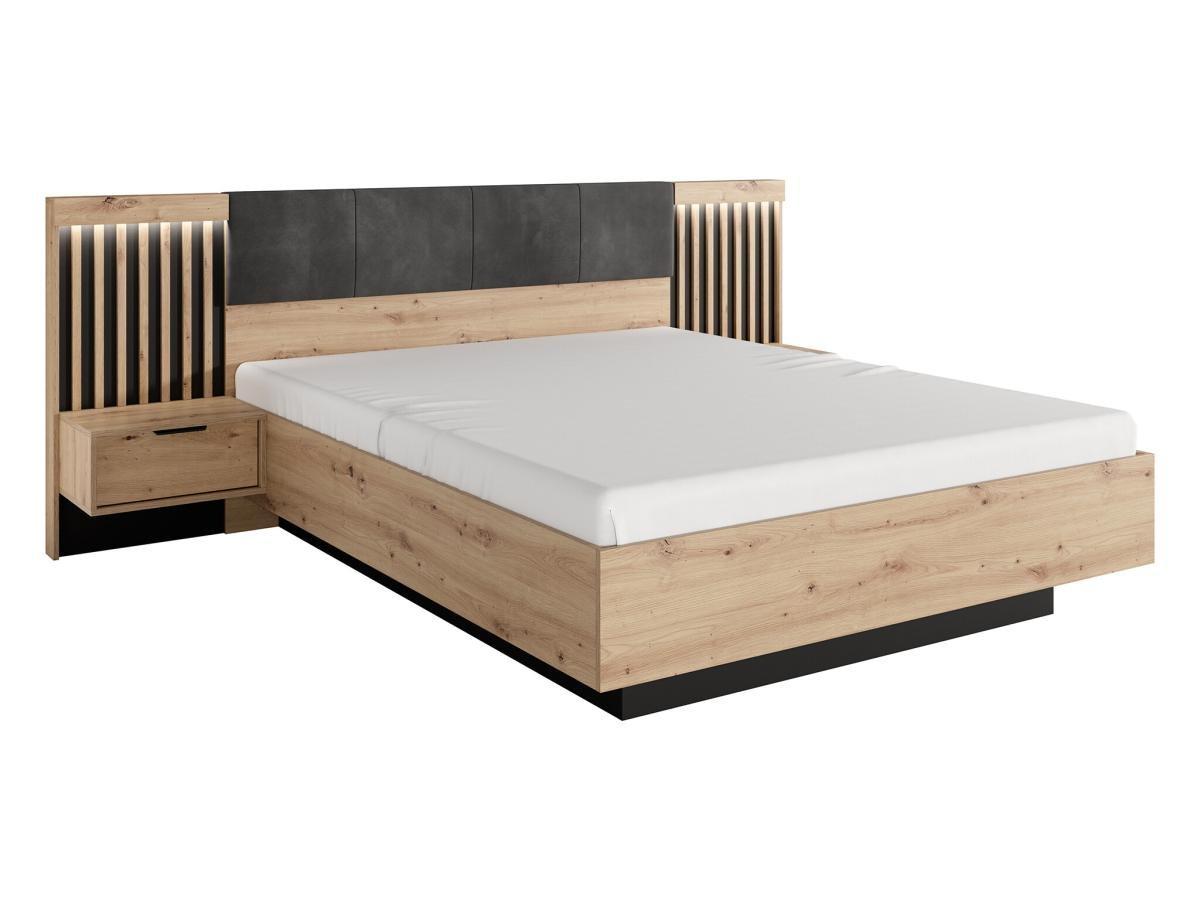 Vente-unique Bett mit Nachttischen & Lattenrost & LED-Beleuchtung - 160 x 200 cm - Holzfarben & Schwarz - ARIADA  