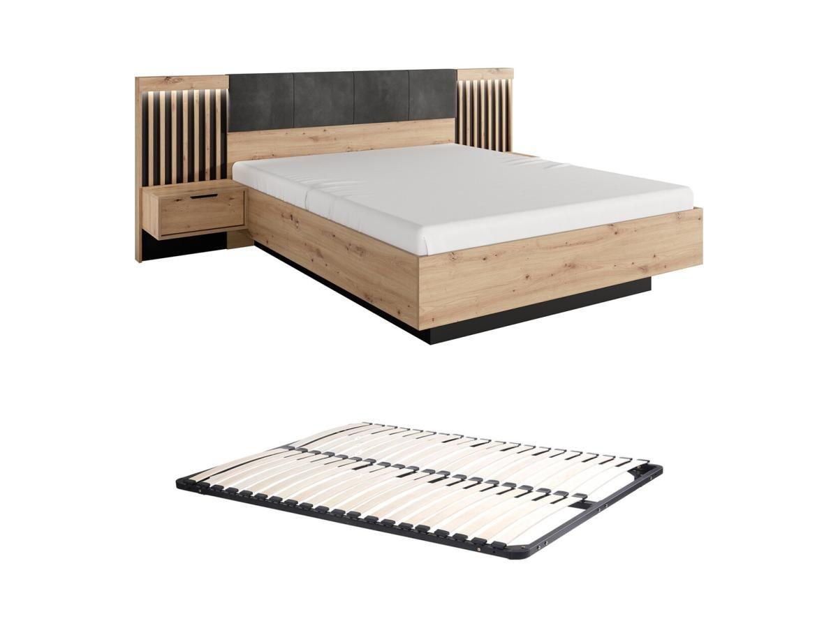 Vente-unique Letto con comodini e LED + Rete 160 x 200 cm Naturale e Nero - ARIADA  