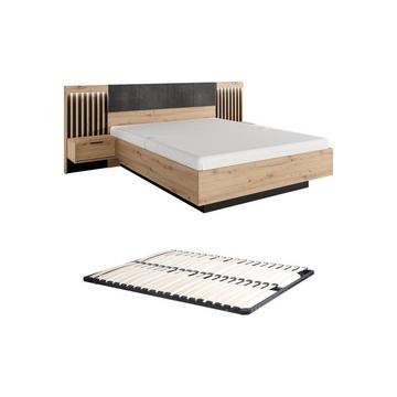 Letto con comodini e LED + Rete 160 x 200 cm Naturale e Nero - ARIADA