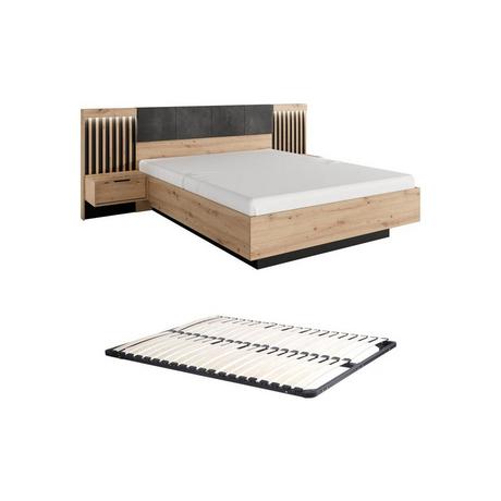 Vente-unique Letto con comodini e LED + Rete 160 x 200 cm Naturale e Nero - ARIADA  