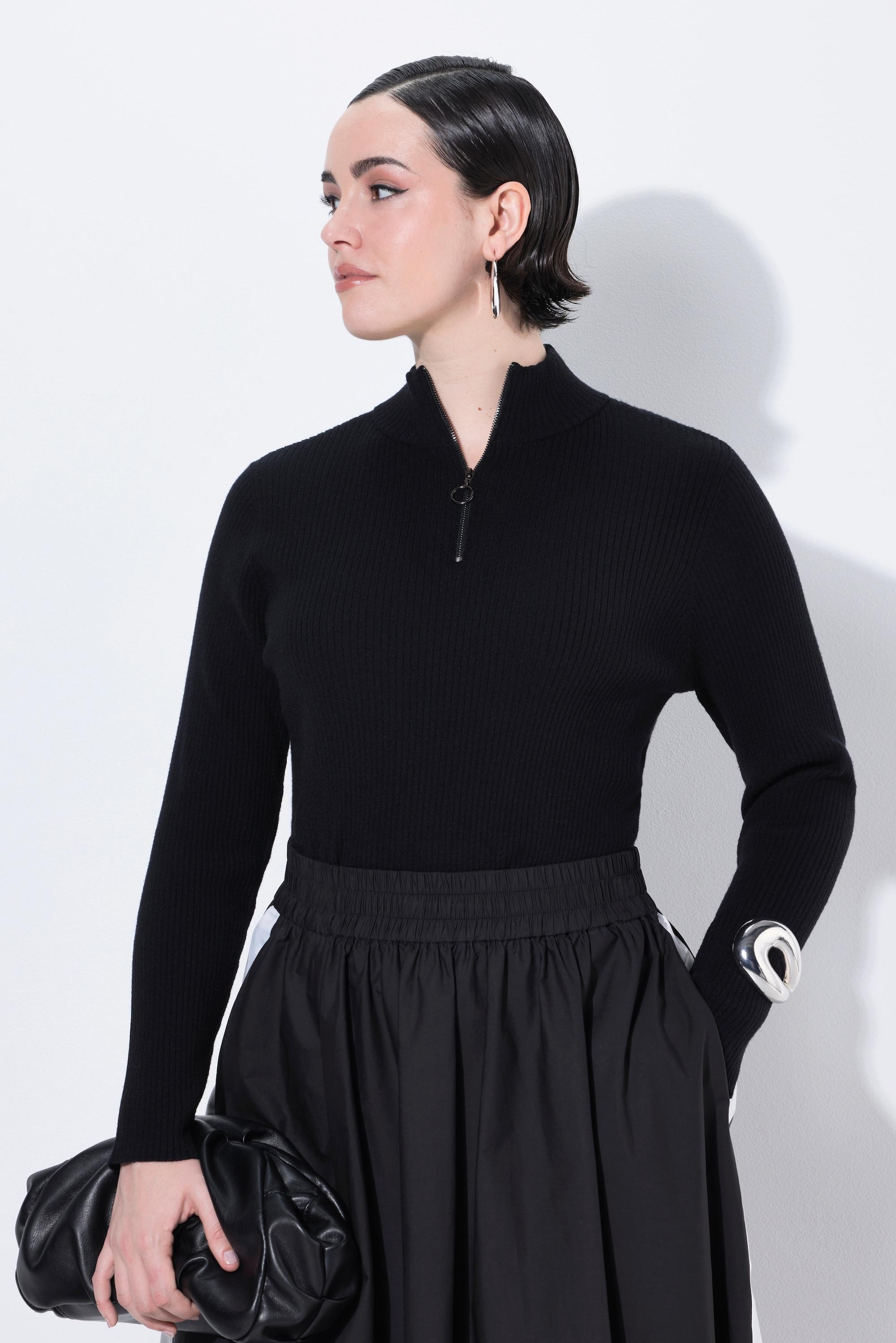 Ulla Popken Pull camionneur en maille côtelée coupe Slim Fit avec col zippé  