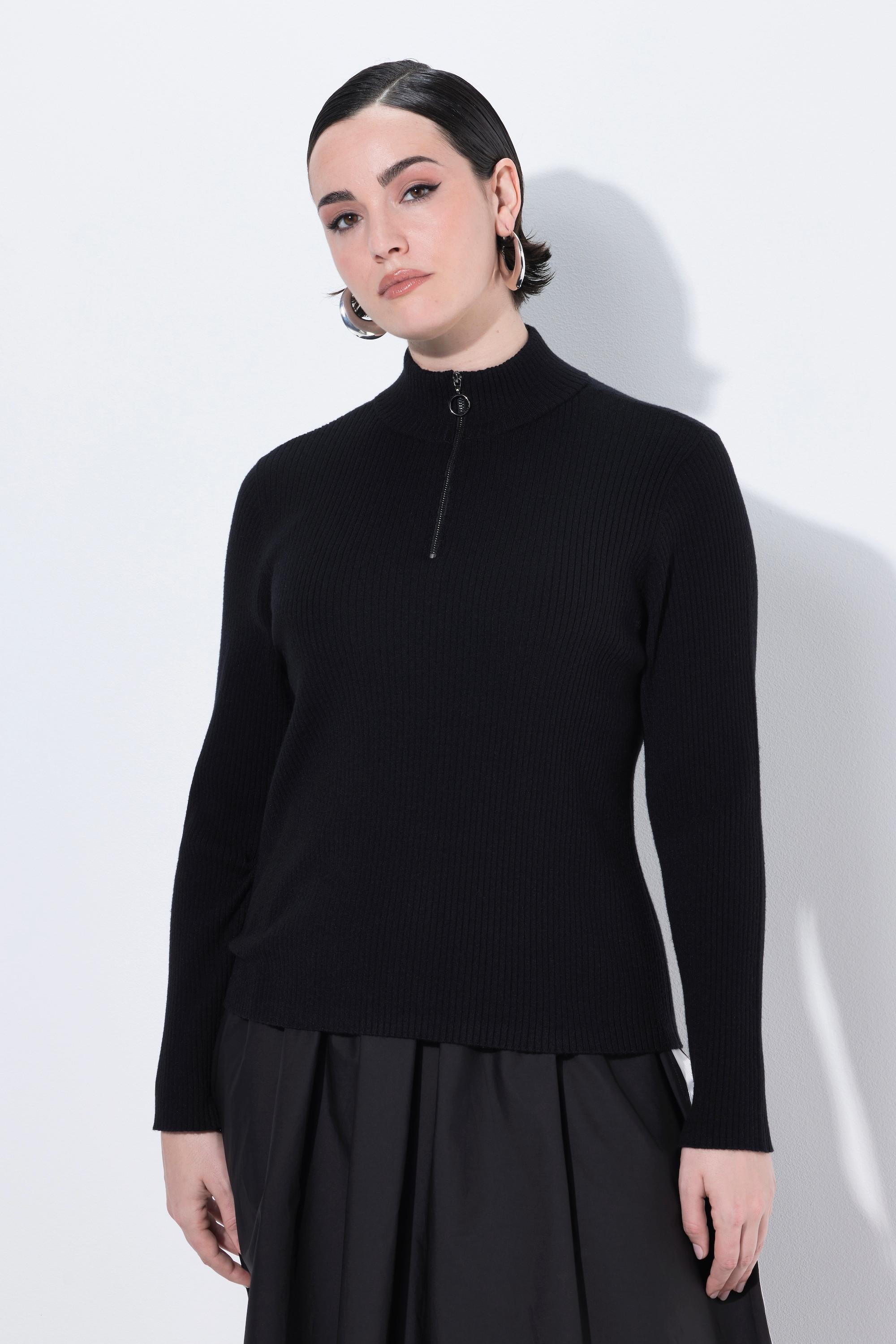 Ulla Popken Pull camionneur en maille côtelée coupe Slim Fit avec col zippé  