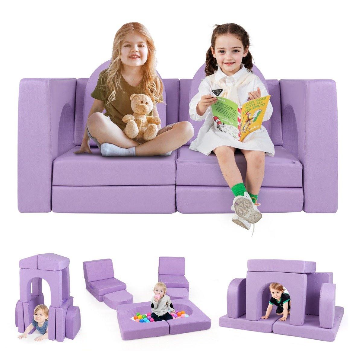 Northix Kindersofa 8-teilig Spielsofa aus Schaumstoff Bausteine mit bequemem Wildlederstoff Lila  