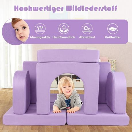 Northix Kindersofa 8-teilig Spielsofa aus Schaumstoff Bausteine mit bequemem Wildlederstoff Lila  