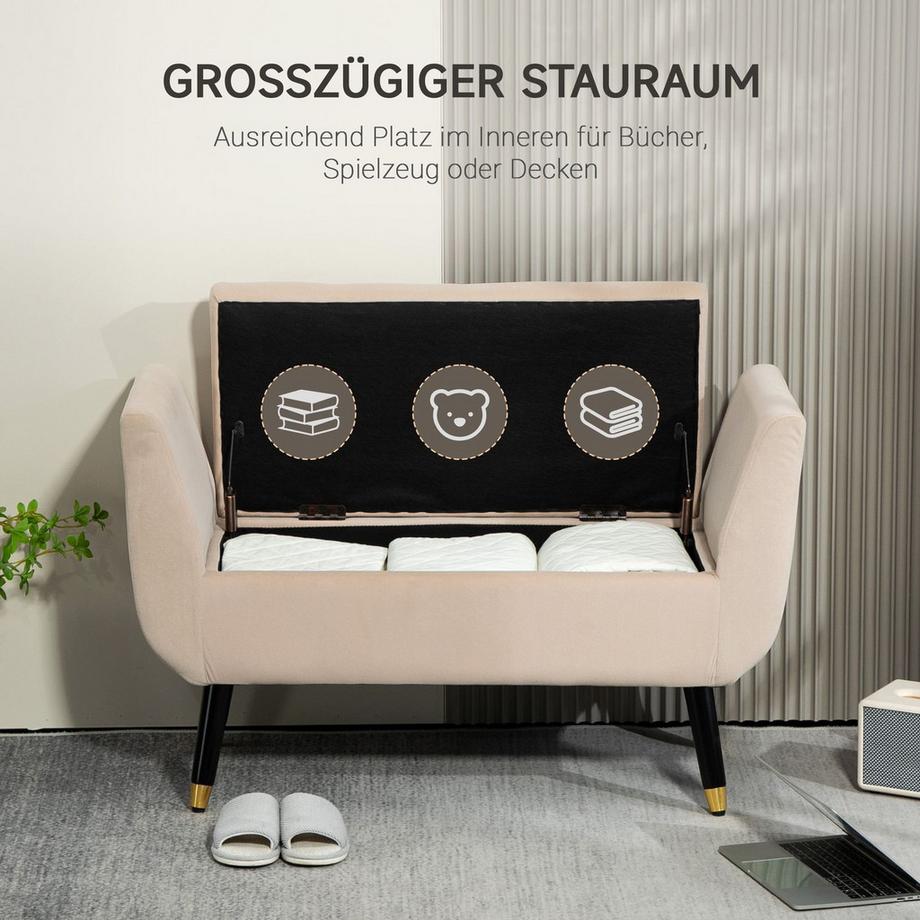 Northio Luxus Sitzbank Polsterbank mit Stauraum Armlehnen Truhenbank Samtartiges Polyester Gummiholz Beige 107 x 42 x 65 cm  